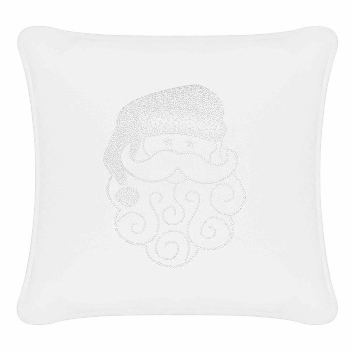 White velvet pillow featuring a Santa face design with rhinestone embellishments and swirled beard details.