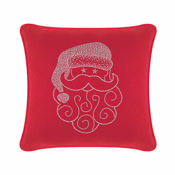 Red square pillow featuring a Santa face design embellished with white rhinestones and swirled beard details.