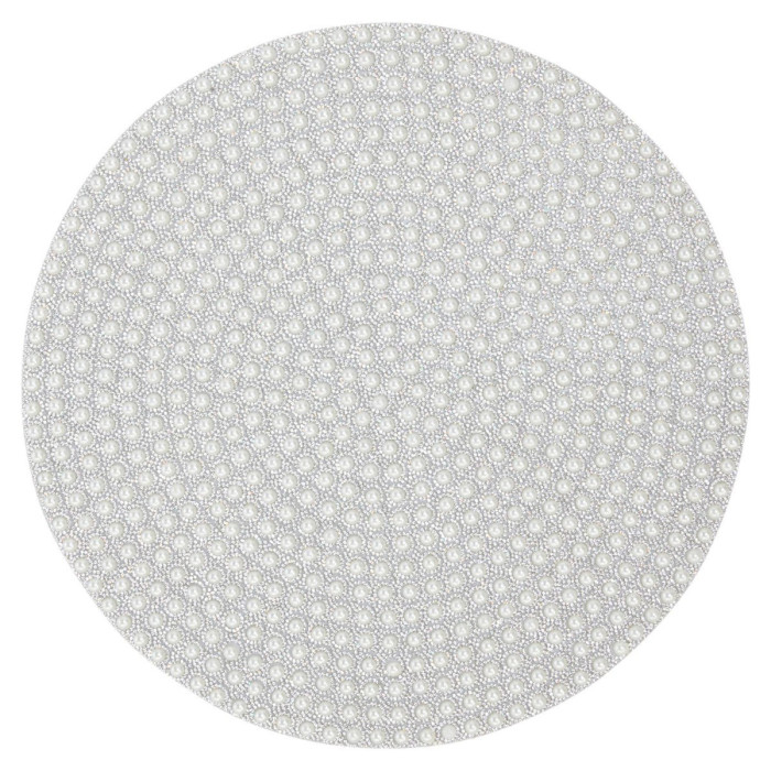 Round placemat featuring a textured surface with sparkling rhinestones and pearl accents on a light gray background.