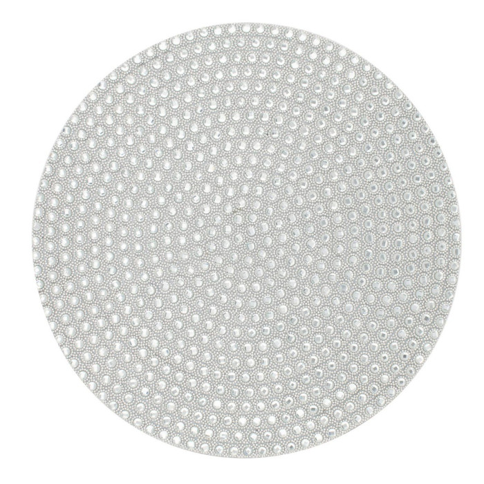 Round placemat in light gray with a textured surface featuring sparkling rhinestones arranged in a circular pattern.