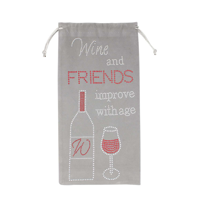 Gray velvet wine bag with rhinestone embellishments featuring a wine bottle and glass design in red and white text.