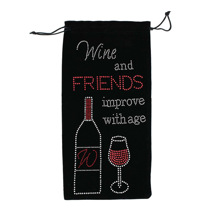 Black velvet wine bag with rhinestone embellishments featuring a wine bottle and glass design in white and red text.
