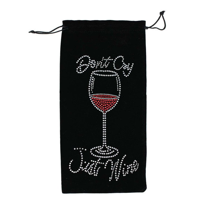 Black velvet wine bag with rhinestone embellishments featuring a wine glass and text design in white and red. Drawstring closure.