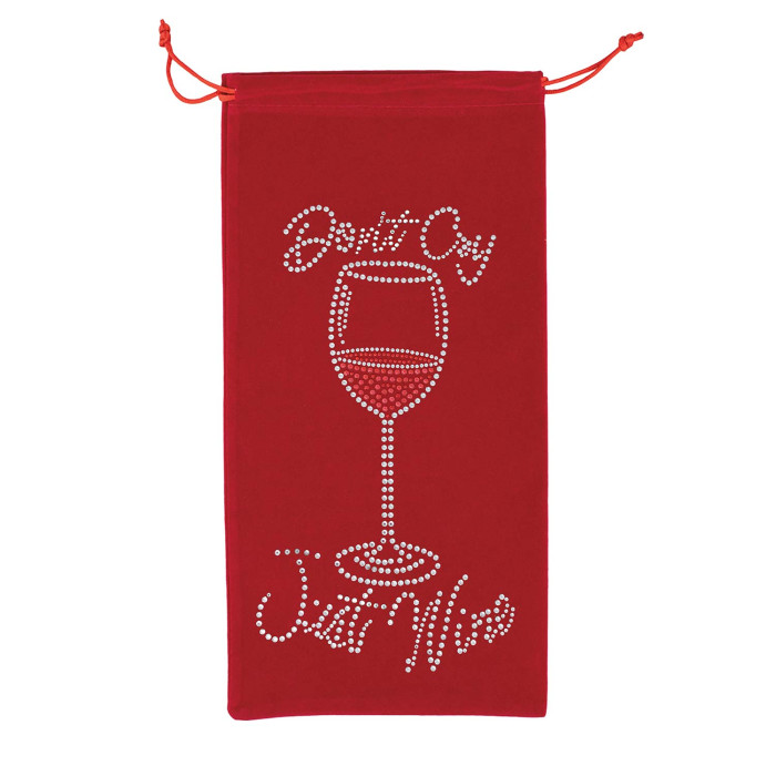 Red velvet wine bag with rhinestone embellishments featuring a wine glass design and drawstring closure.