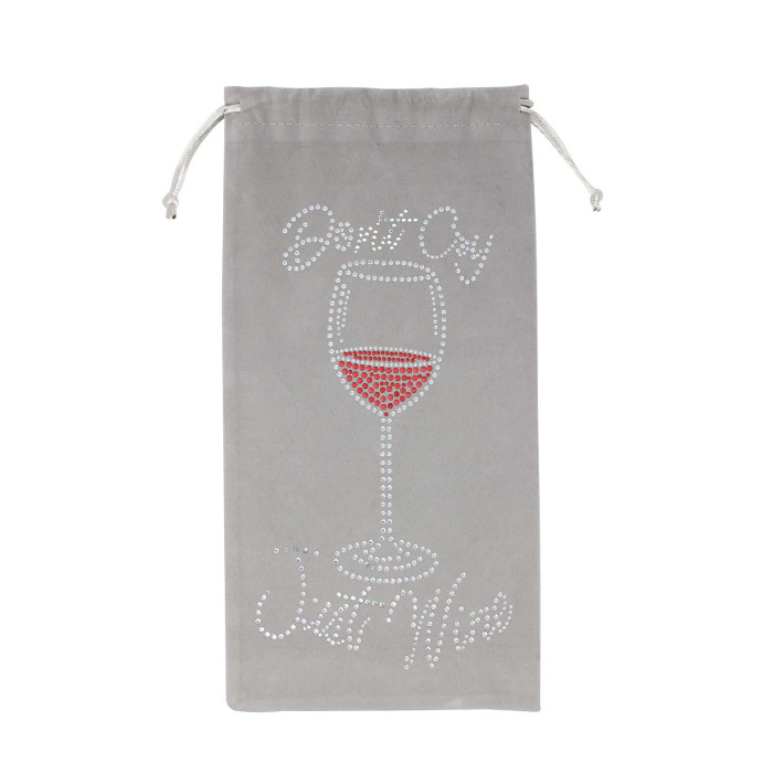 Gray velvet wine bag with rhinestone embellishments featuring a wine glass design and a drawstring closure.