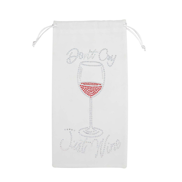 White velvet wine bag with rhinestone embellishments depicting a wine glass and red wine featuring a drawstring closure.