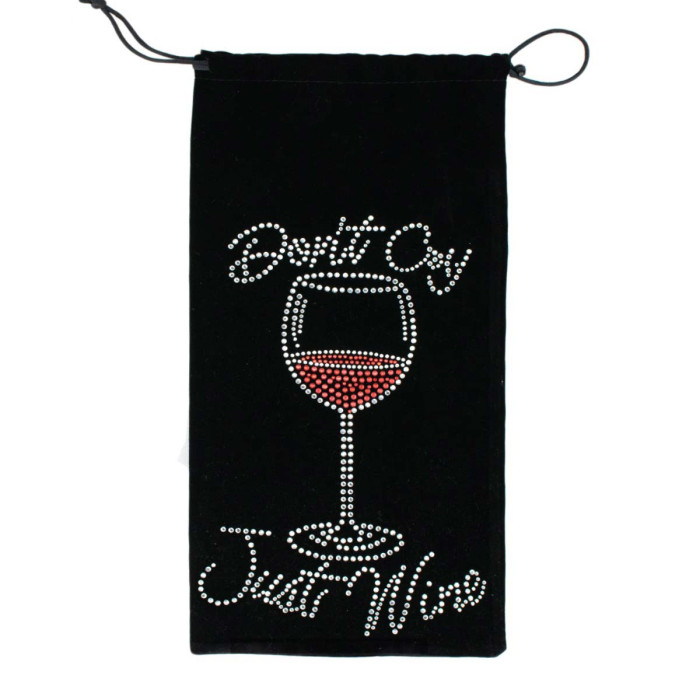 Black velvet wine bag with rhinestone embellishments featuring a wine glass and red wine design secured with a drawstring.
