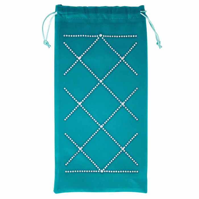 Aqua velvet wine bag with rhinestone diamond pattern and drawstring closure.