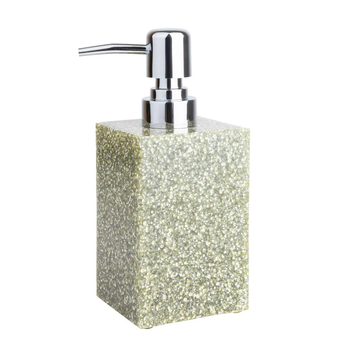 Square soap dispenser with a textured green resin body and a shiny silver pump top.