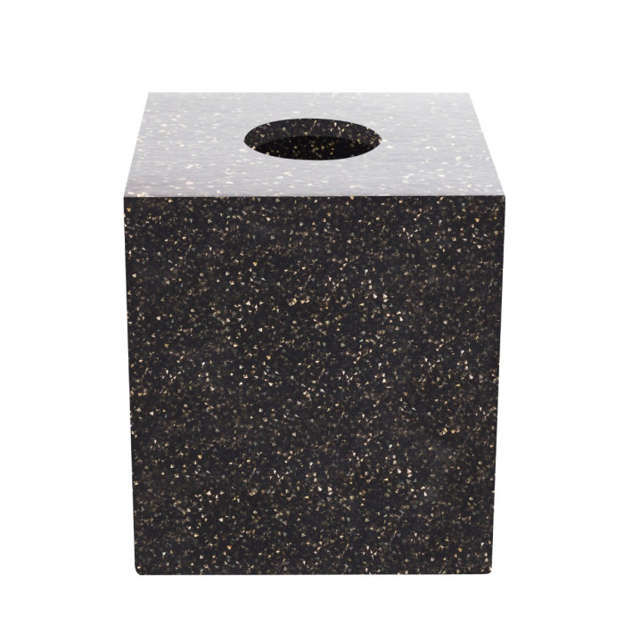 Charcoal square tissue box holder with a smooth surface and a circular opening featuring a speckled texture with gold accents.