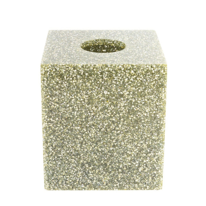 Square tissue box holder in silver resin encrusted with rhinestones textured surface with sparkling finish top hole for tissues.