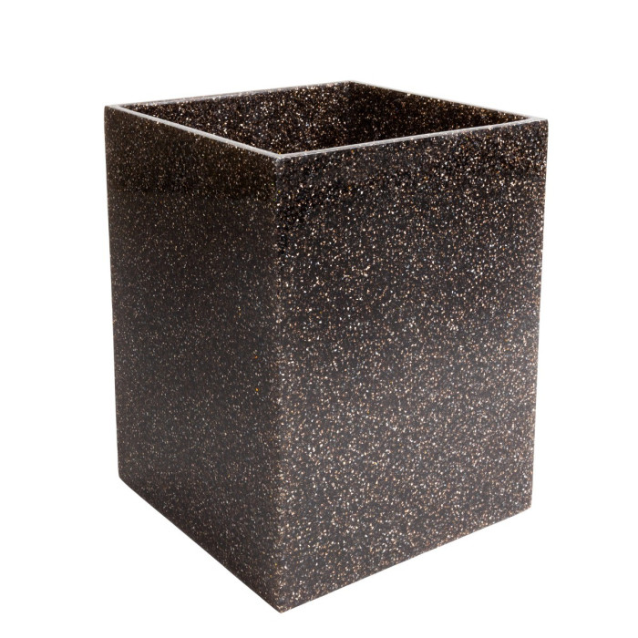Square wastebasket with a glossy black surface embedded with thousands of shimmering rhinestones textured finish.