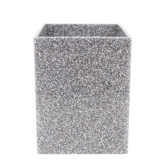 Square silver wastebasket with a textured surface covered in numerous small rhinestones.