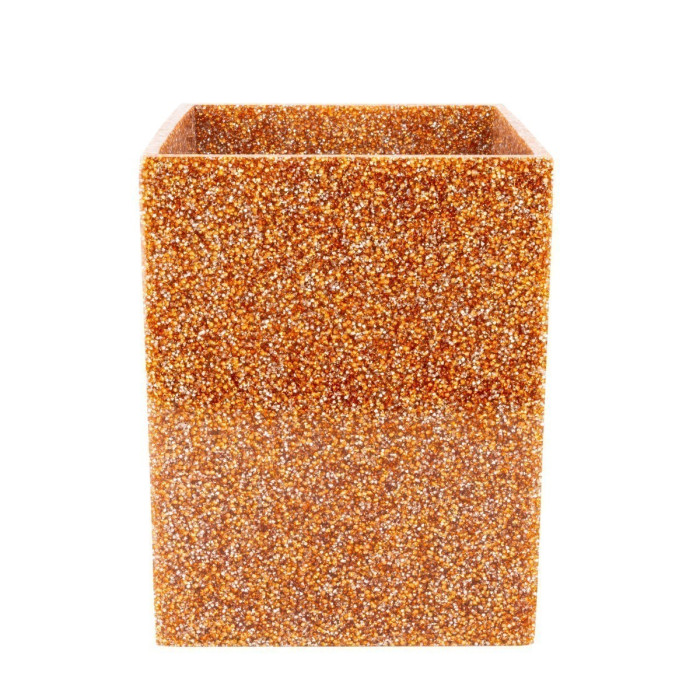 Square wastebasket with a textured surface of topaz and gold rhinestones featuring a glossy finish and open top.