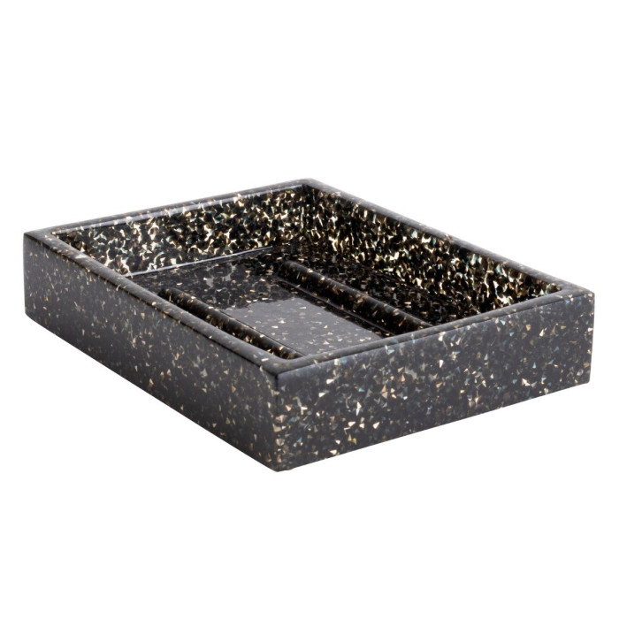 Rectangular black soap dish with a textured surface featuring gold and silver flecks throughout smooth edges and a glossy finish.