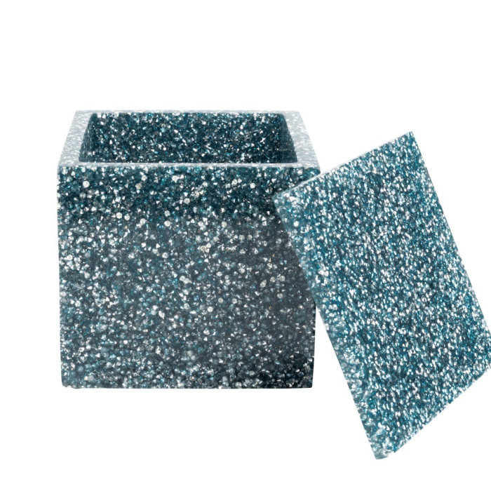 Square resin container in ice blue with a textured surface adorned with sparkling rhinestones includes a matching lid.