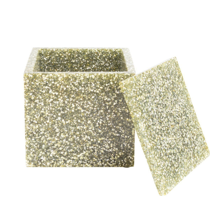 Square resin container with a sparkling gold glitter finish and a matching lid featuring a smooth texture and clean lines.