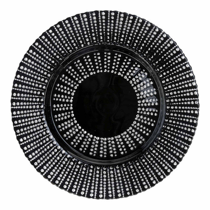 Black crystalline charger plate with a circular shape featuring a pattern of silver rhinestones arranged in rows.