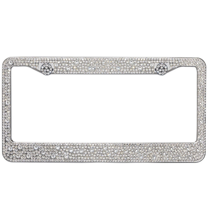 Silver license plate frame adorned with clear rhinestones featuring a rectangular shape and smooth edges.