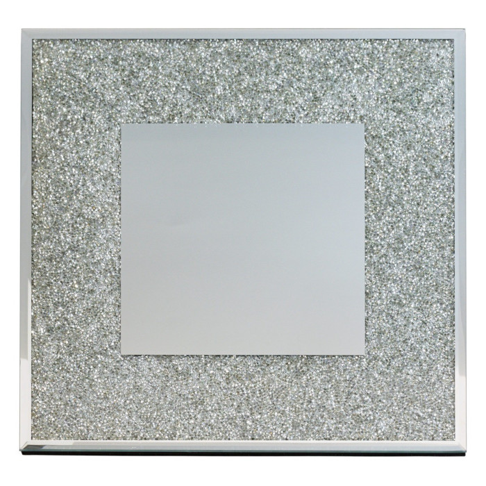 Square charger plate with a mirrored center and a sparkling silver glitter border featuring a sleek metallic edge.