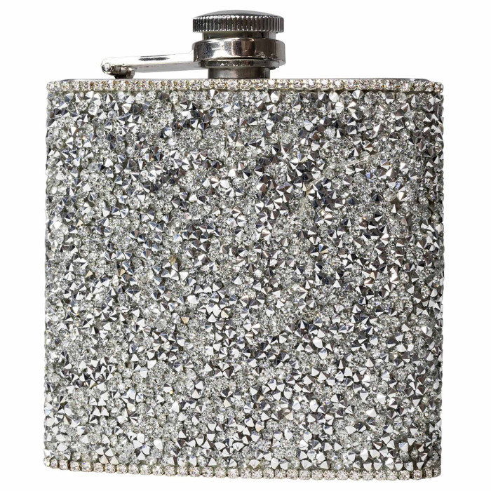 Sparkly silver flask covered in resin rhinestones stainless steel body compact rectangular shape and screw-top lid.