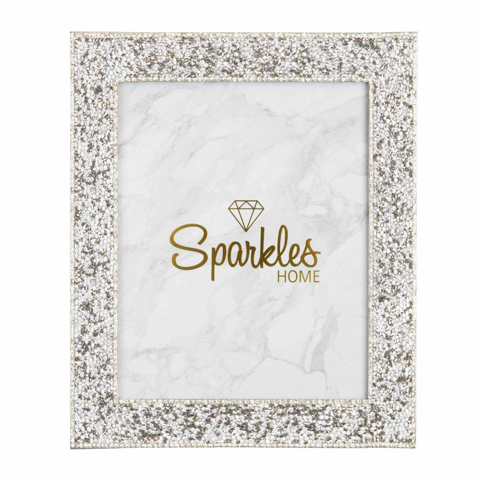 Silver picture frame with sparkling rhinestone embellishments and a marble-patterned background featuring gold text.