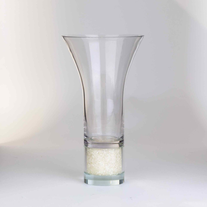 Clear crystal vase with a flared top and champagne-colored textured base featuring a frosted glass bottom and sparkling embellishments.