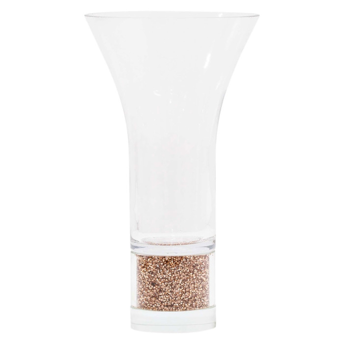 Clear crystal vase with a flared top and a rose gold glitter base smooth texture and elegant design.