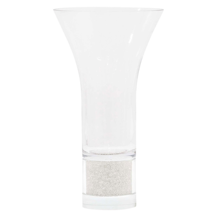 Clear crystal vase with a flared top silver glitter base and smooth texture measuring 10.5 inches tall.