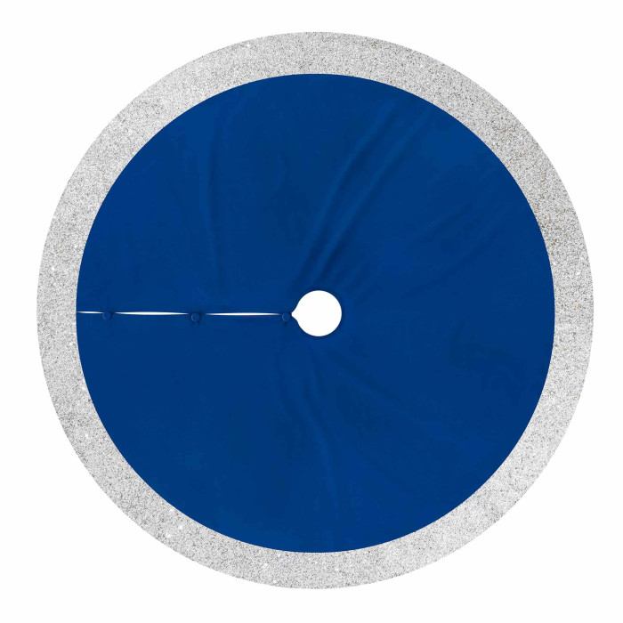 Navy velvet tree skirt with a silver glitter trim and a central button closure measuring 48"x48" in a circular shape.