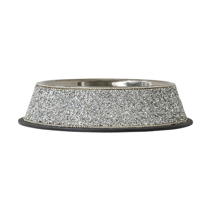 Large stainless steel pet bowl with a sparkling rhinestone-encrusted exterior and a black rubber base.