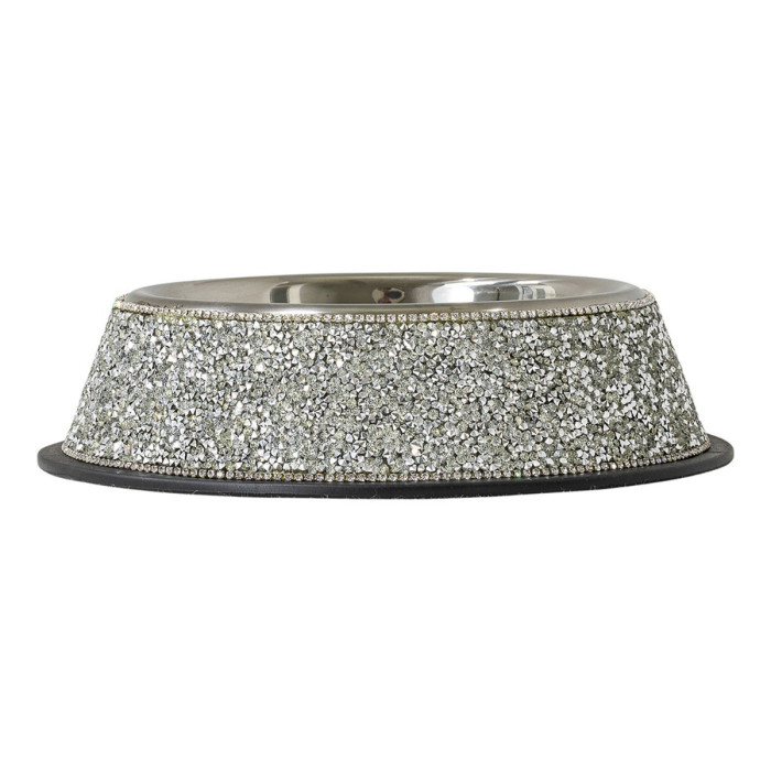 Medium stainless steel pet bowl with a sparkling rhinestone-encrusted exterior and a black rubber base.