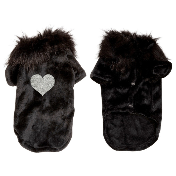 Black velvet pet cardigan with faux fur trim and a silver glitter heart embellishment featuring snap closures.