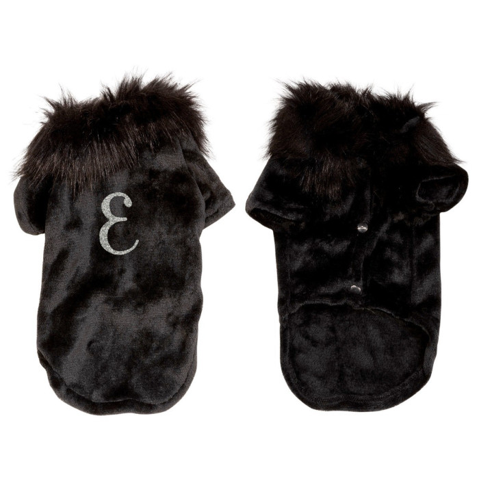 Black velvet pet cardigan with faux fur collar rhinestone monogram and snap closures soft texture and plush appearance.