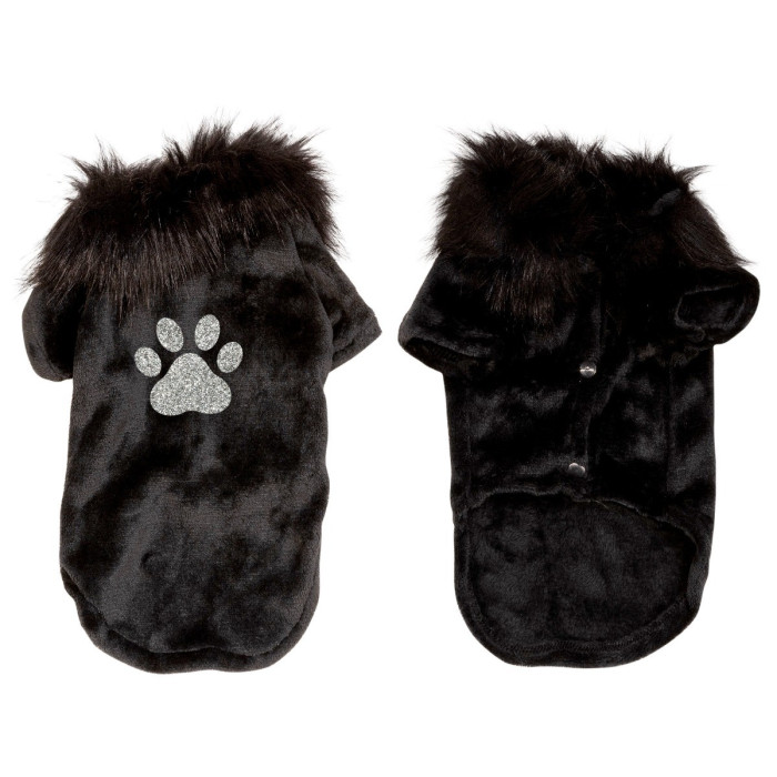 Black velvet pet cardigan with a faux fur collar and a rhinestone paw print embellishment on the back.