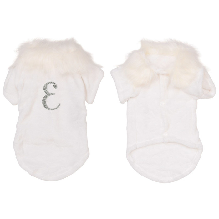 White velvet pet cardigan with faux fur collar rhinestone monogram accent and snap closure short sleeves soft texture.