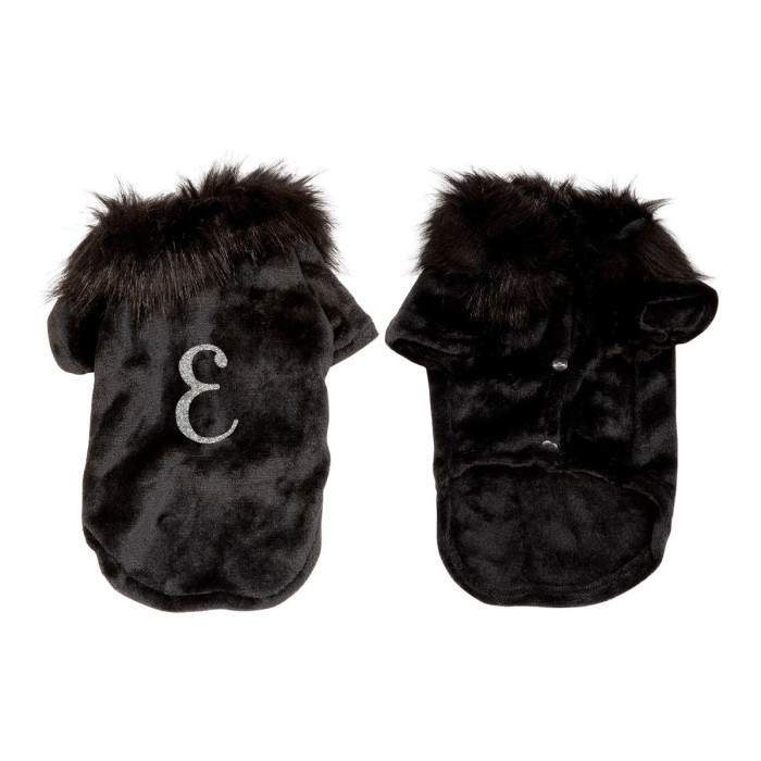 Black velvet pet cardigan with faux fur trim featuring a rhinestone-embellished letter "E" and snap closure.