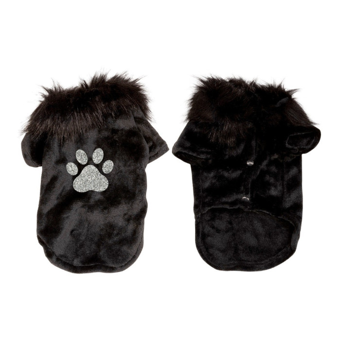 Black velvet pet cardigan with a faux fur collar and a silver glitter paw print embellishment featuring snap closures.