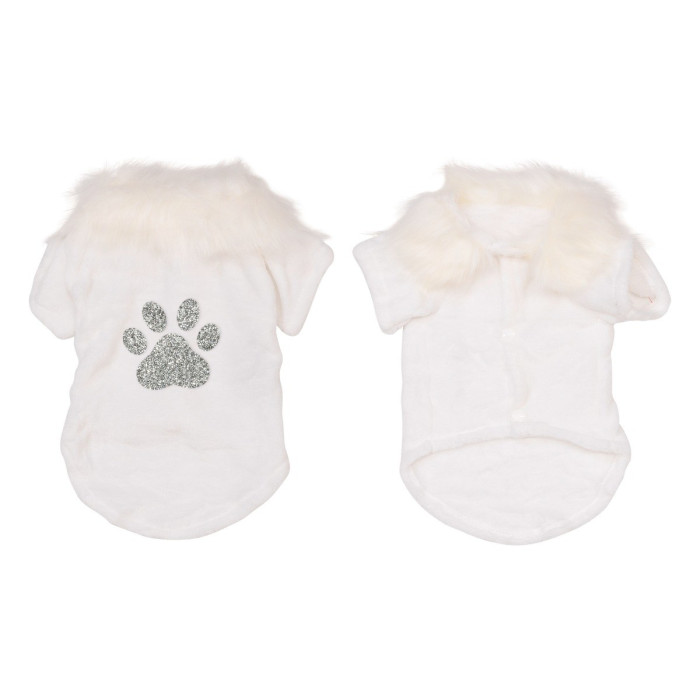 White velvet pet cardigan with faux fur collar silver rhinestone paw print on back short sleeves and snap closure.