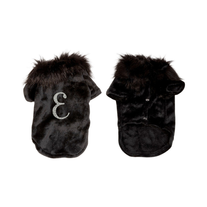 Black velvet pet cardigan with faux fur collar silver rhinestone monogram "E" and snap closures.