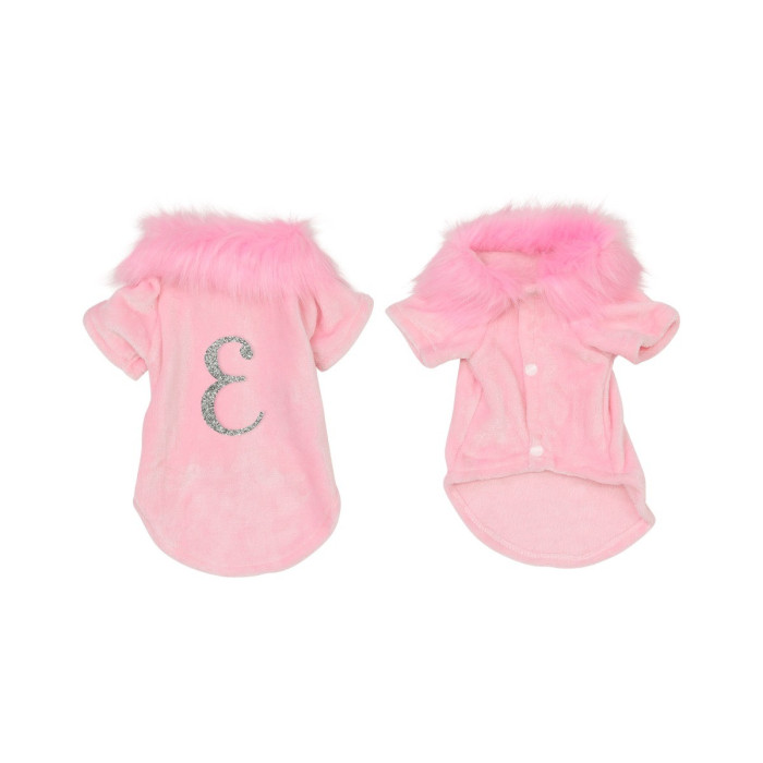Soft pink velvet cardigan with a fluffy pink collar rhinestone number 3 on the back short sleeves and snap closure.