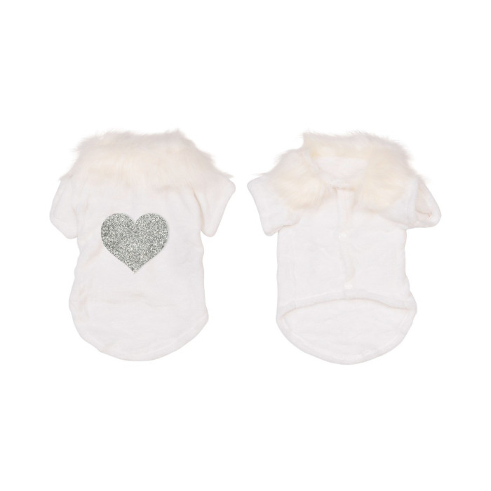 White velvet pet cardigan with a silver rhinestone heart and a soft faux fur collar featuring short sleeves and snap closure.