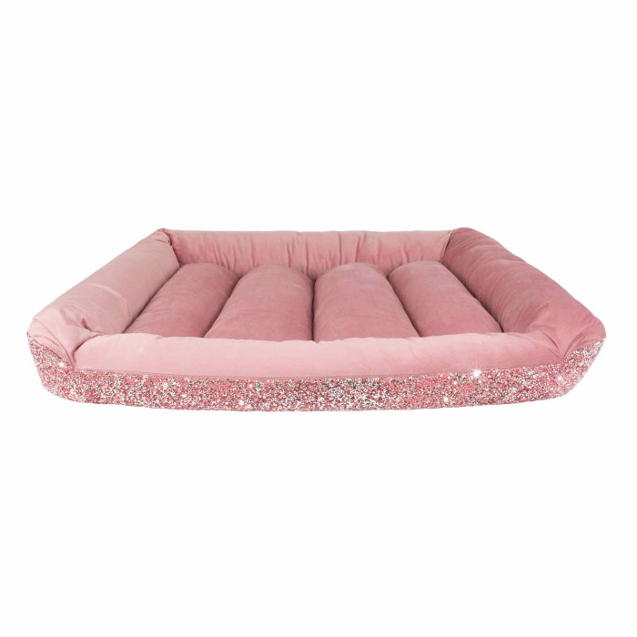 Red square pet bed with a plush velvet interior and a sparkling rhinestone-trimmed exterior featuring a soft cushioned base.