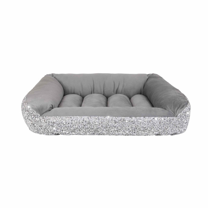 Small square pet bed with a plush gray velvet interior and a sparkling silver rhinestone exterior trim.