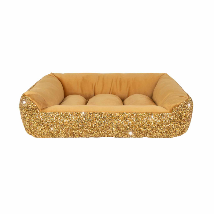 Square pet bed with a plush gold  velvet interior and a sparkling silver rhinestone exterior featuring a cushioned design.