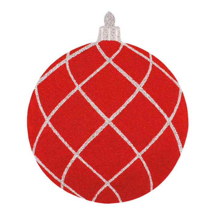Red round placemat with a diamond pattern in silver rhinestones and a silver ornament cap at the top.