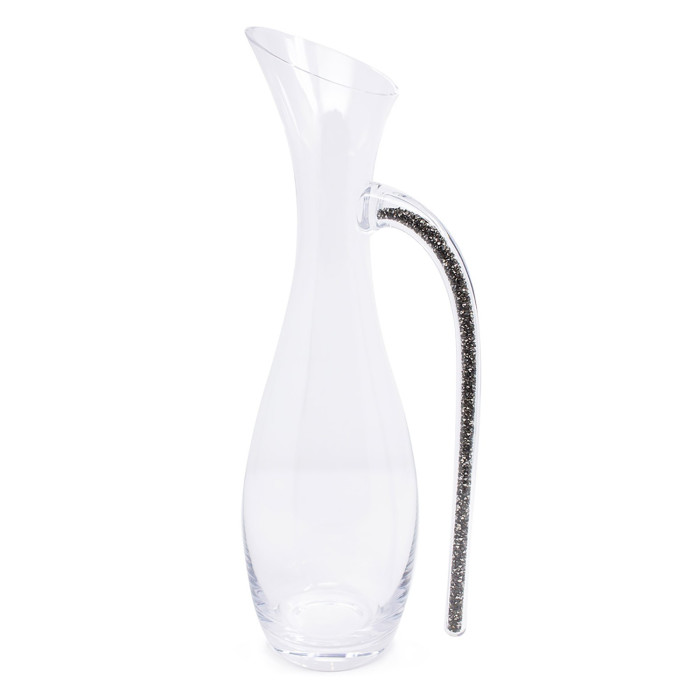 Clear crystal decanter with an elongated neck and a rhinestone-filled charcoal handle.