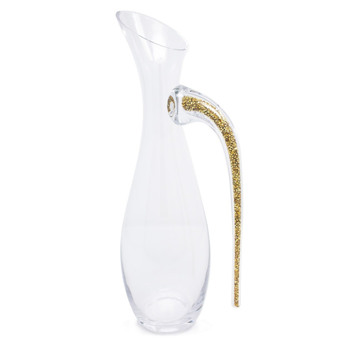 Clear crystal glass decanter with a gold rhinestone-filled handle and a tapered spout.
