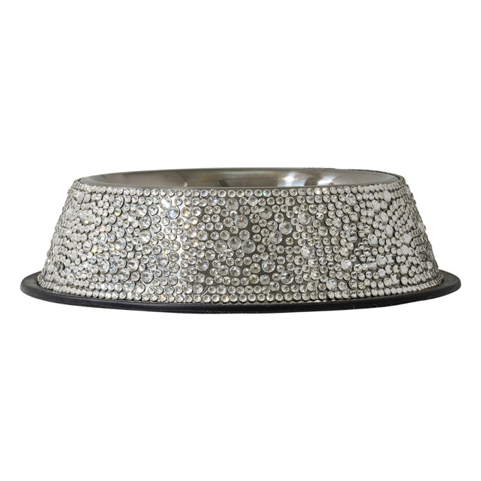 Medium pet bowl with a stainless steel interior black base and exterior covered in hand-placed clear rhinestones.