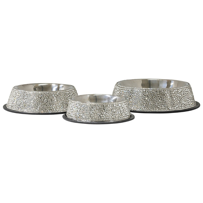 Three stainless steel pet bowls with silver rhinestone embellishments featuring a smooth interior and textured exterior.